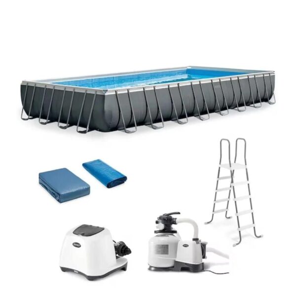 Intex 24-ft x 12-ft x 52-in Metal Frame Rectangle Above-Ground Pool with Filter Pump,Ground Cloth,Pool Cover and Ladder