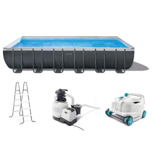 Intex 26367EH + 28005E 24-ft x 12-ft x 52-in Steel Wall Panels Rectangle Above-Ground Pool with Filter Pump,Ground Cloth,Pool Cover and Ladder