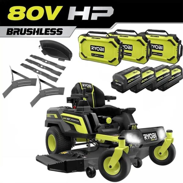 RYOBI 80V HP Brushless 54 in. Battery Electric Cordless Zero Turn Mower & Mulch Kit – 80V Batteries, 40V Batteries