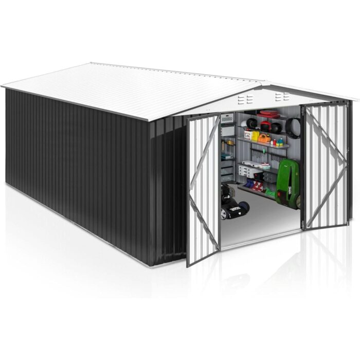 10 ft. W x 14 ft. D Outdoor Metal Shed Storage with Updated Frame Structure and Lockable Doors, White