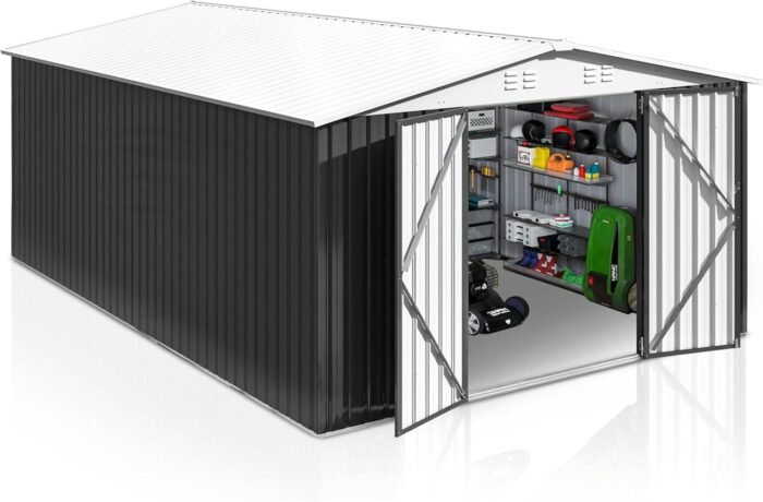 10 ft. W x 14 ft. D Outdoor Metal Shed Storage with Updated Frame Structure and Lockable Doors, White