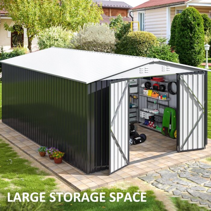 10 ft. W x 14 ft. D Outdoor Metal Shed Storage with Updated Frame Structure and Lockable Doors, White
