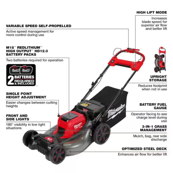 Milwaukee M18 FUEL 18V Cordless Mower, Dual Blower, String Trimmer, (4) QUIK-LOK Attachments, (5) 12.0 Ah Batteries, (2) Charger