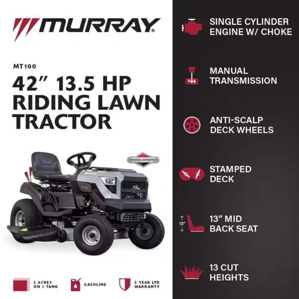 Murray MT100 42 in. 13.5 HP 500cc E1350 Series Briggs and Stratton Engine 6-Speed Manual Gas Riding Lawn Tractor Mower