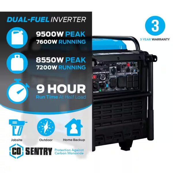 Pulsar 9,500-Watt Super Quiet Dual Fuel Inverter Generator with CO Alert and Remote Start