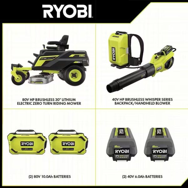 RYOBI 30 in. 80-Volt HP Brushless Battery Electric Cordless Zero Turn Mower, Blower, Backpack Battery – Batteries and Chargers