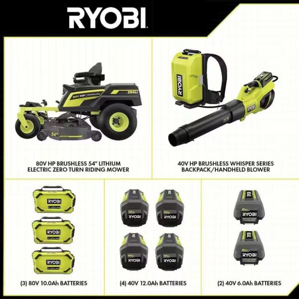 RYOBI 54 in. 80-Volt HP Brushless Battery Electric Cordless Zero Turn Mower, Blower, Backpack Battery – Batteries and Chargers