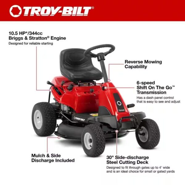 Troy-Bilt 30 in. 10.5 HP Briggs and Stratton Engine 6-Speed Manual Drive Gas Rear Engine Riding Mower with Mulch Kit Included