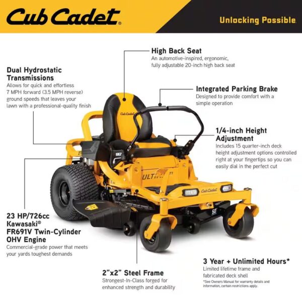 Cub Cadet Ultima ZT1 50 in. Fabricated Deck 23HP V-Twin Kawasaki FR Series Engine Dual Hydro Drive Gas Zero Turn Riding Lawn Mower