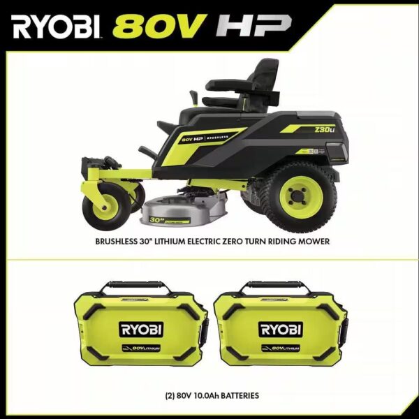 RYOBI 80V HP Brushless 30 in. Battery Electric Cordless Zero Turn Mower with (2) 80V 10 Ah Batteries, Charger, Bagger w/Boost