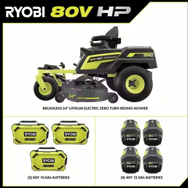 RYOBI 80V HP Brushless 54 in. Battery Electric Cordless Zero Turn Riding Mower (3) 80V Batteries (4) 40V Batteries and Charger