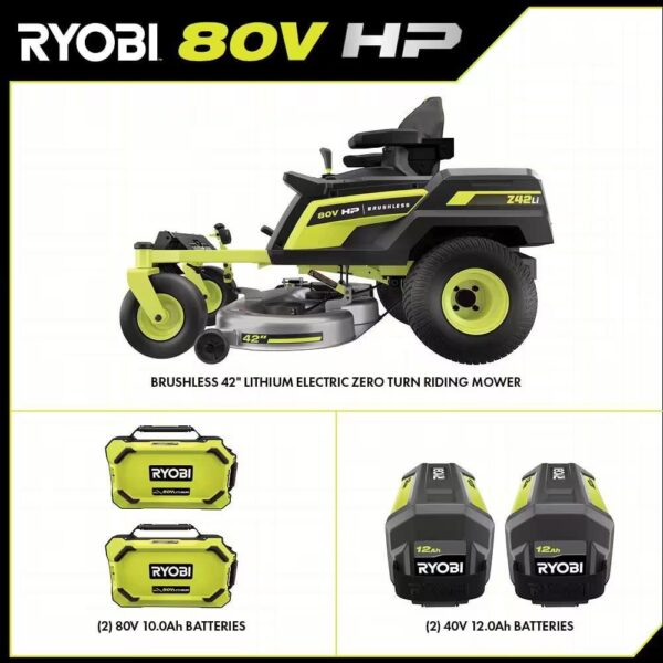 RYOBI 80V HP Brushless 42 in. Battery Electric Cordless Zero Turn Riding Mower (2) 80V Batteries (2) 40V Batteries and Charger