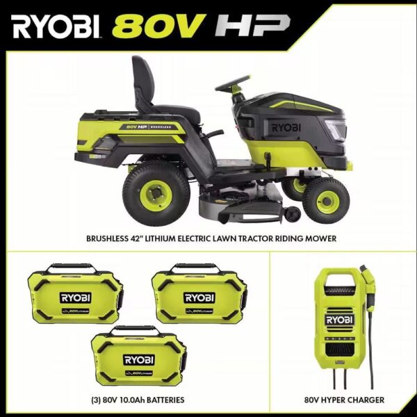 RYOBI 80V HP Brushless 42 in. Battery Electric Cordless Riding Lawn Tractor with (3) 80V 10Ah Batteries and Charger