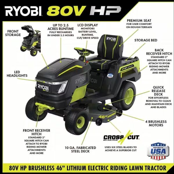 RYOBI 80V HP Brushless 46 in. Battery Electric Cordless Riding Lawn Tractor with (3) 80V 10Ah Batteries and Charger