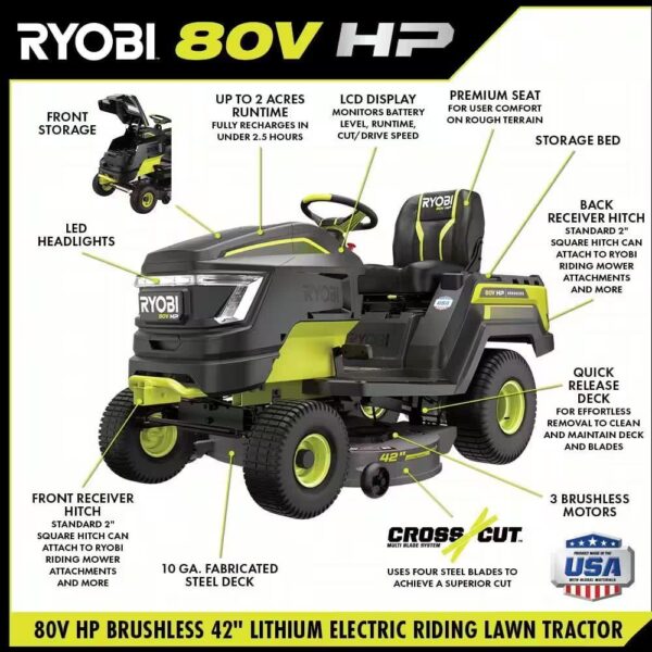 RYOBI 80V HP Brushless 42 in. Battery Electric Cordless Riding Lawn Tractor with (3) 80V 10Ah Batteries and Charger