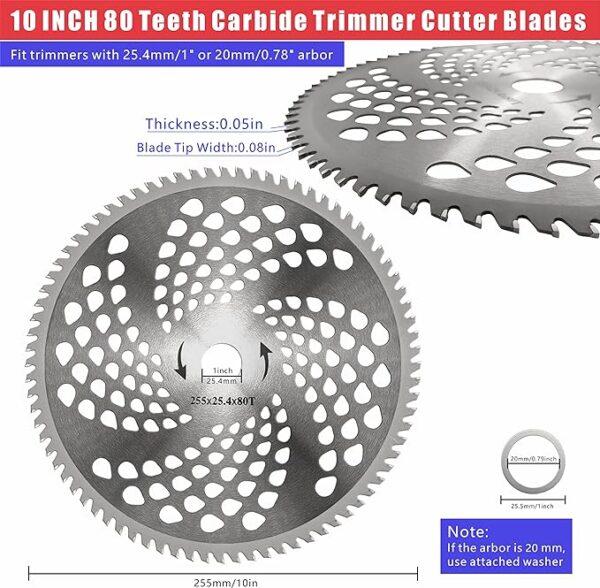 NeJesZoe 10″ x 80 Teeth Carbide Tip Brush Cutter Blades Steel Trimmer Head Weed Eater Blade with Universal Adapter Kits for Stihl Husqvarna Brush Cutter, String Trimmer, Lawnmower(2 Pack)