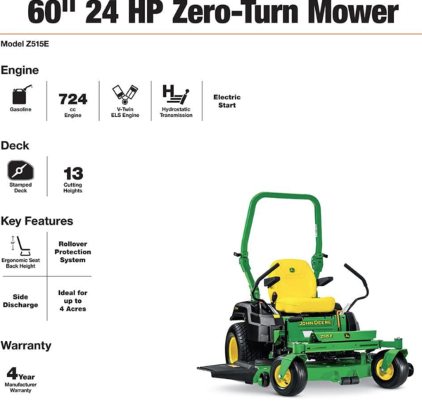 John Deer Z515E 60 in. 24 HP V-Twin ELS Gas Dual Hydrostatic Zero-Turn Riding